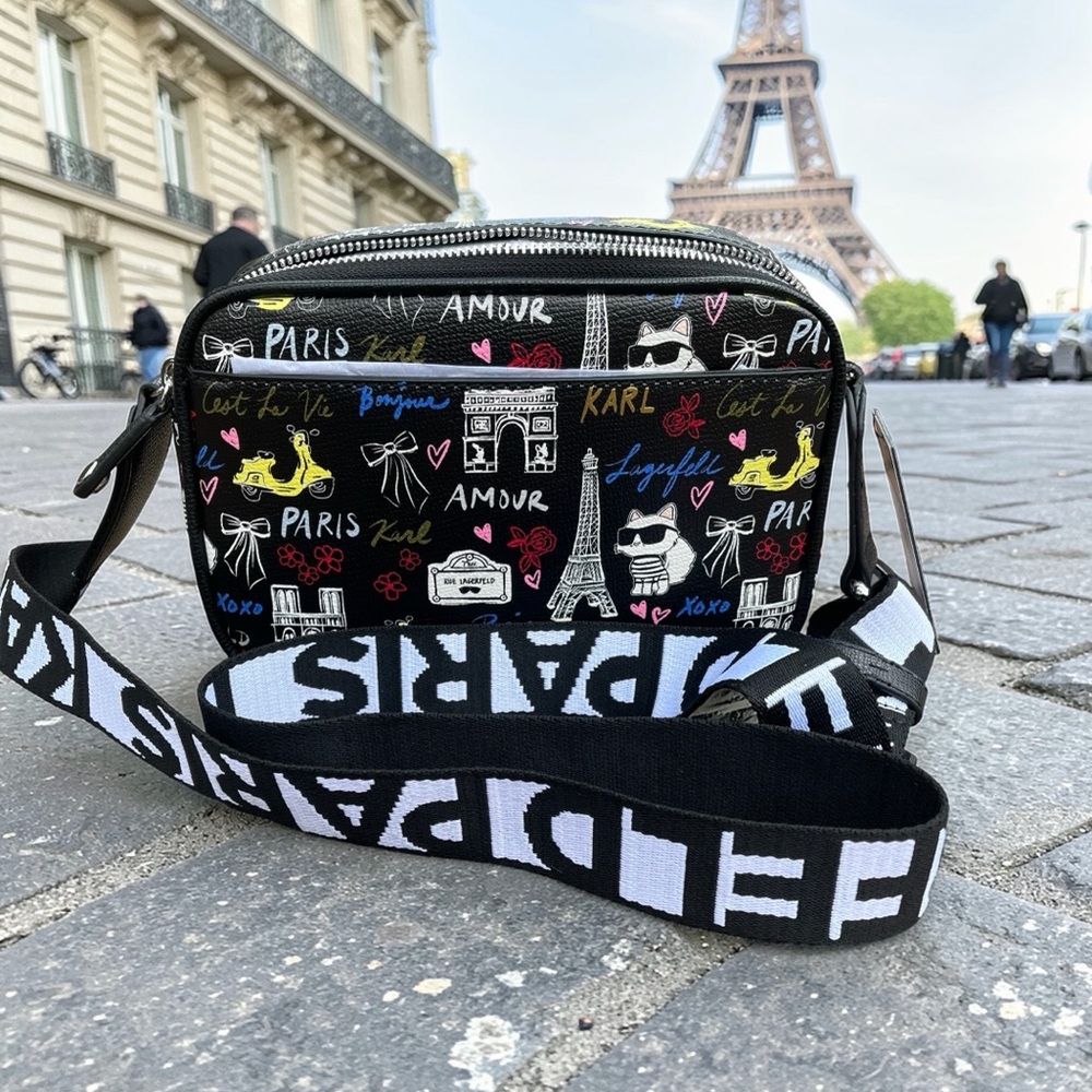 Karl Lagerfeld Paris Theme Multicolor Crossbody with Guitar Strap NWT New